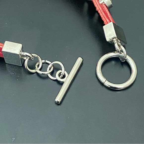 Red Genuine Leather Rhinestone Charms 7 1/2” Toggle Bracelet 36g. - Picture 14 of 15